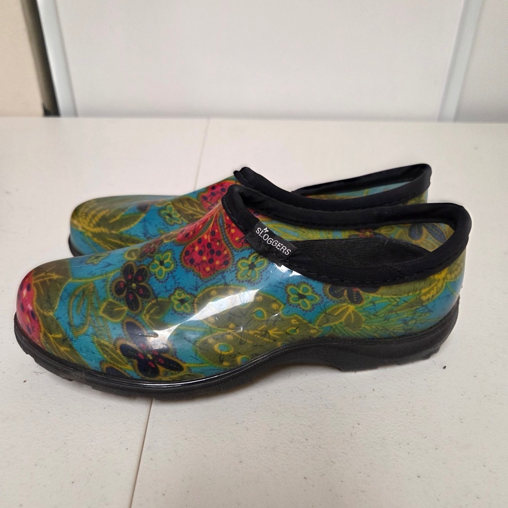 Sloggers Womens 8 Garden Shoes Blue Floral Paisley Waterproof Rubber Clogs USA